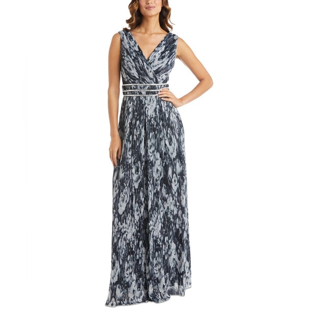 R&M Richards Long Formal Metallic Print Crinkle Dress Rhinestone Trim 6